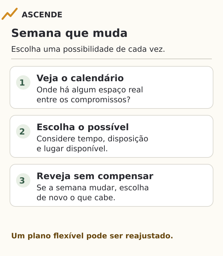 Três passos para adaptar movimento a uma semana imprevisível: olhar o calendário, escolher o possível e rever o plano sem compensar mudanças.