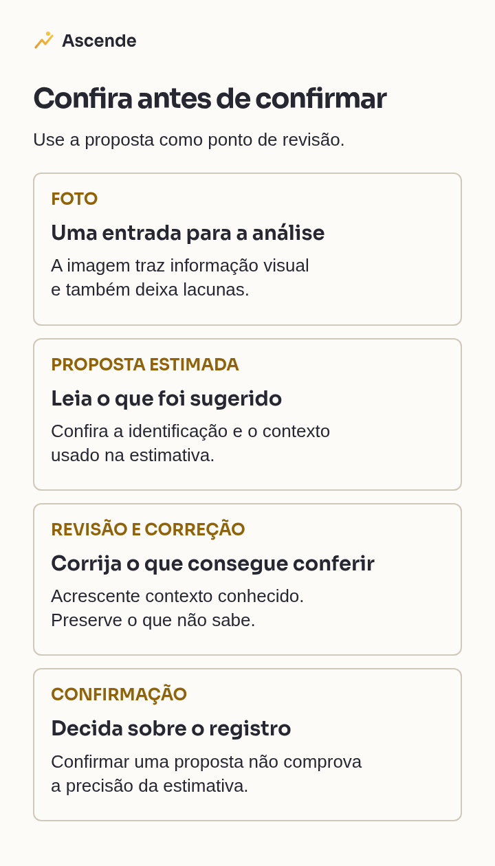 Fluxo de foto, proposta estimada, revisão e confirmação, com conferência dos alimentos, preparo e porção e preservação das incertezas.
